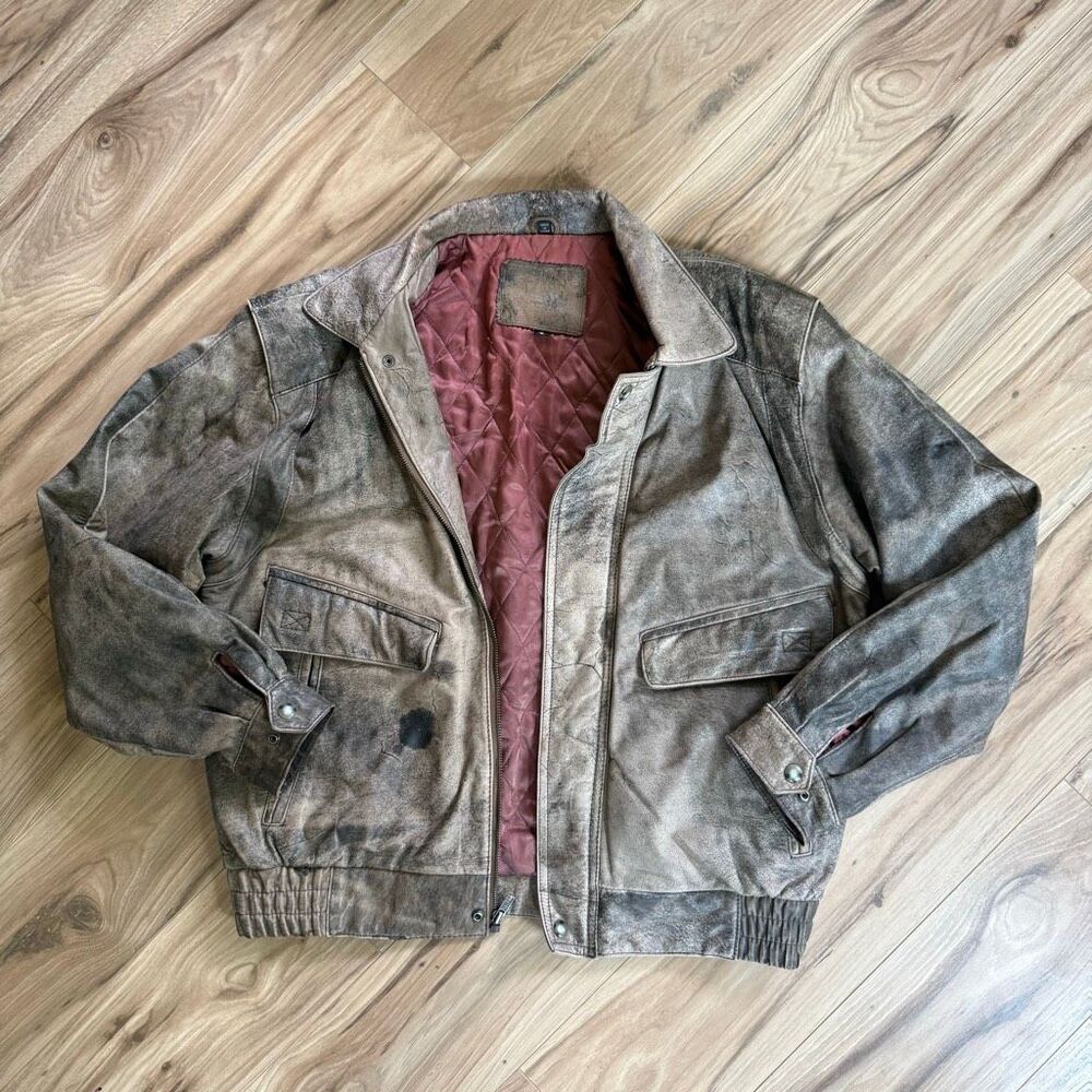J Riggings Mens Brown Lined Zip Up Distressed Leather Bomber Jacket Size Medium